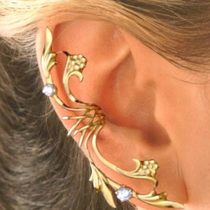 Fleur de Lei..Full Ear Cuff, leaves, flowers & CZs Solid 925 Sterling Silver, Yellow Gold or White Rhodium Over the Sterling Silver EZ Care
