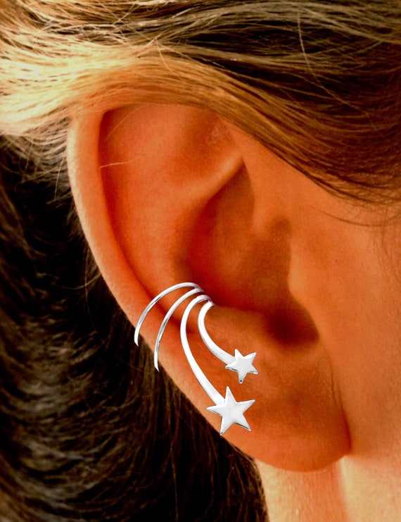 Sterling Silver Double Star Ear Cuff: Non-Pierced Cartilage Wrap