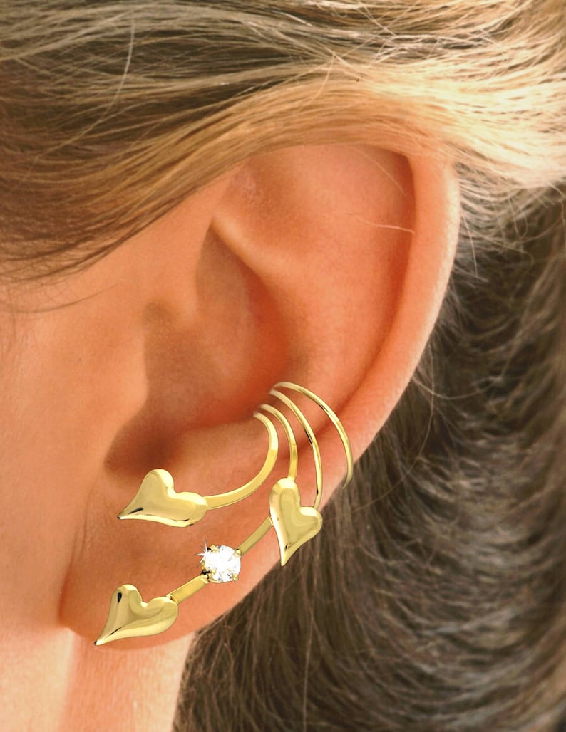 Ear Cuff 3 Puffed Hearts /& CZ Non-pierced Long Wave Earring Wraps in Gold or Rhodium Over Sterling Silver