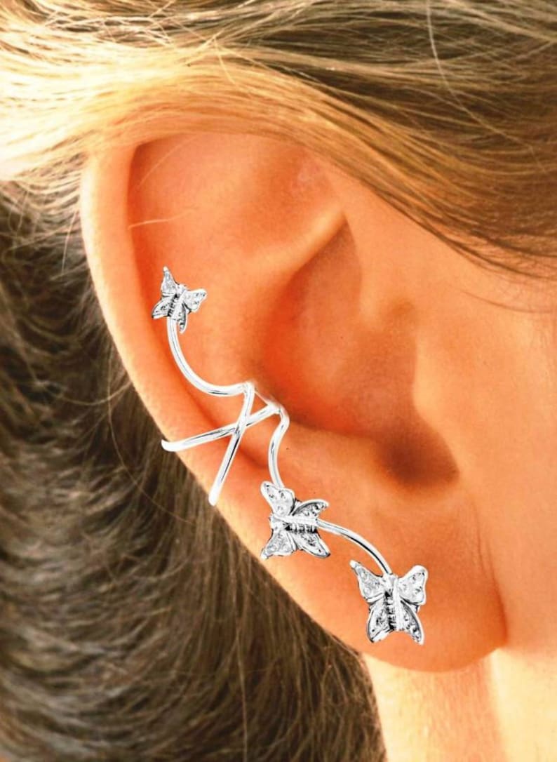 Ear Charms® Ear Cuff Non-pierced Earring Climbers Full Ear with 3 Butterflies in Sterling Silver OR Gold or Rhodium over Silver, Great Gift image 1