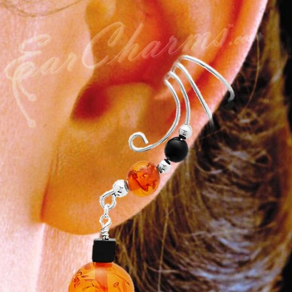 Amber and Blk Onyx Sterling Silver Ear Cuff Wrap Dangle Earring Cuff 1" Dangle     #3SD-ABR-BO