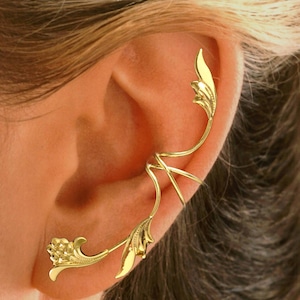 Ear Charms® Beautiful Flower / Leaf Ear Cuff Non-Pierced Full Ear Spray Earring Climber Sterling Silver & Gold or Rhodium over silver image 8