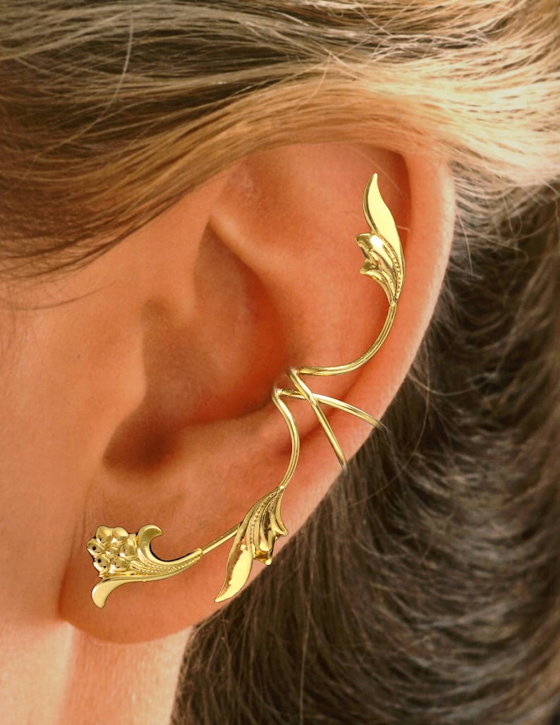 Ear Charms® Beautiful Flower / Leaf Ear Cuff Non-Pierced Full Ear Spray Earring Climber Sterling Silver & Gold or Rhodium over silver image 8