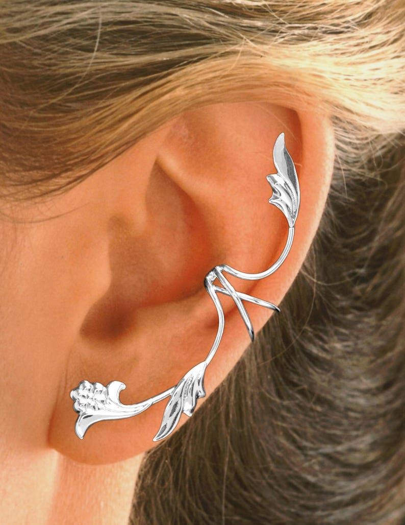 Ear Charms® Beautiful Flower / Leaf Ear Cuff Non-Pierced Full Ear Spray Earring Climber Sterling Silver & Gold or Rhodium over silver image 6