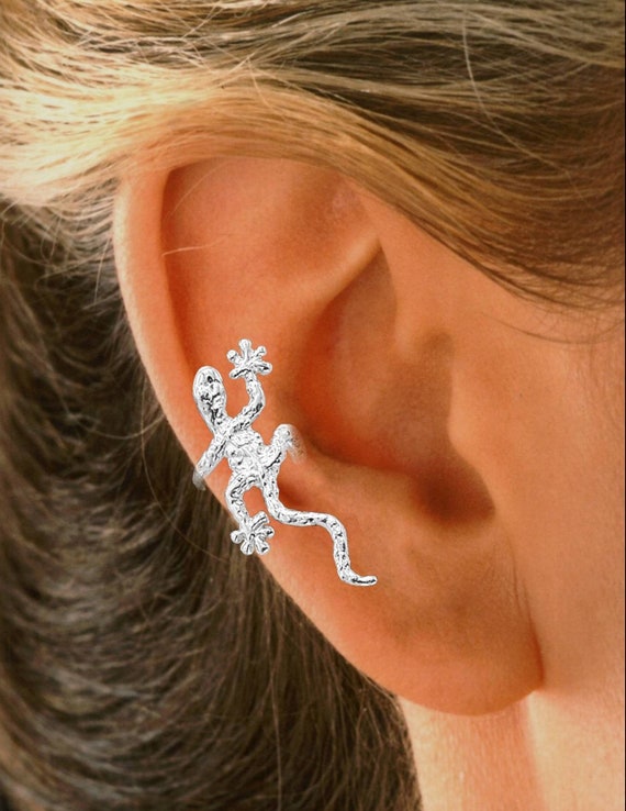 Ear Charms Non pierced Ear Cuff art Gecko Hand Crafted in Solid Sterling Silver OR Gold or Rhodium Over for EZ Care Etsy