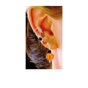 Amber and Blk Onyx Sterling Silver Ear Cuff Wrap Dangle Earring Cuff 1" Dangle     #3SD-ABR-BO