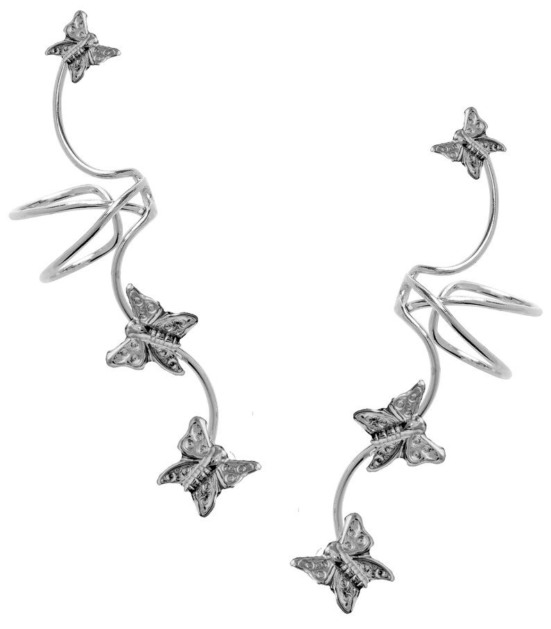 Ear Charms® Ear Cuff Non-pierced Earring Climbers Full Ear with 3 Butterflies in Sterling Silver OR Gold or Rhodium over Silver, Great Gift image 2