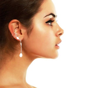 Beautiful Genuine White Freshwater Teardrop Pearl Ear Cuff Non-pierced Cartilage Wrap Dangle Drop Earrings Sterling Silver