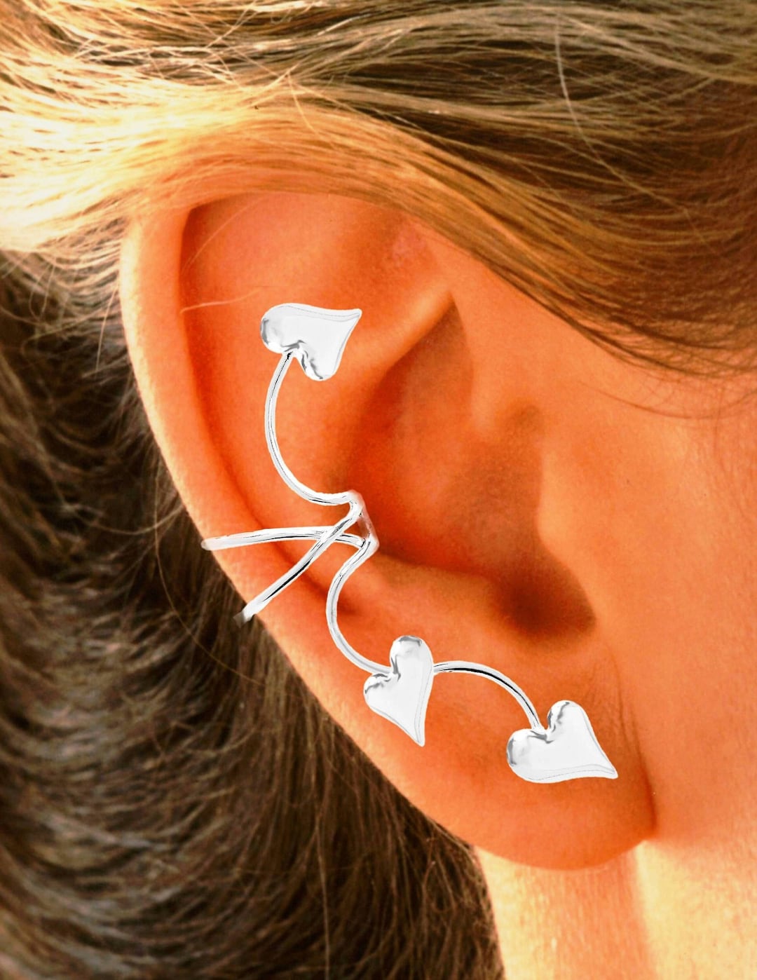 Ear Charms 'fullear' Triple Puffy Heart Ear Cuff Earring Nonpierced in Sterling Silver or Gold