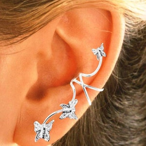 Ear Charms® Ear Cuff Non-pierced Earring Climbers Full Ear with 3 Butterflies in Sterling Silver OR Gold or Rhodium over Silver, Great Gift image 5