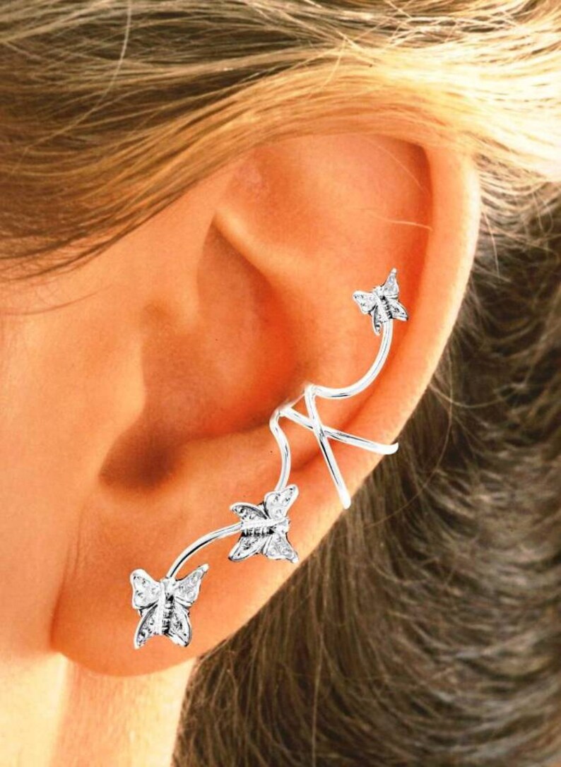 Ear Charms® Ear Cuff Non-pierced Earring Climbers Full Ear with 3 Butterflies in Sterling Silver OR Gold or Rhodium over Silver, Great Gift image 5