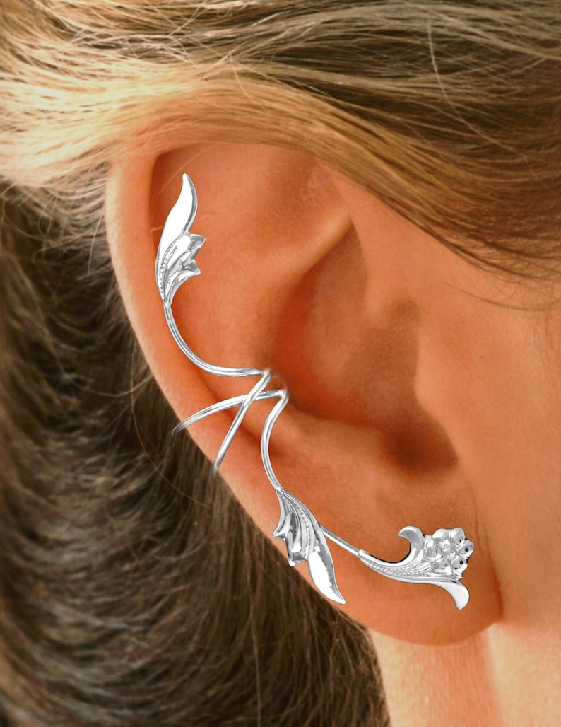 Ear Charms® Beautiful Flower / Leaf Ear Cuff Non-Pierced Full Ear Spray Earring Climber Sterling Silver & Gold or Rhodium over silver image 1