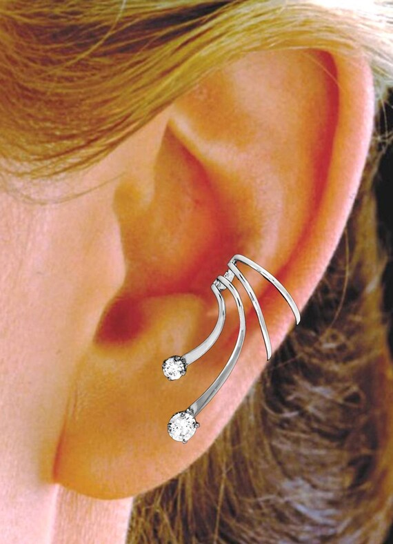 Ear Charms Double S//W Leaf 4mm CZ Wave Ear Cuff Non-pierced Pair of Earring Wrap Rhodium on Silver