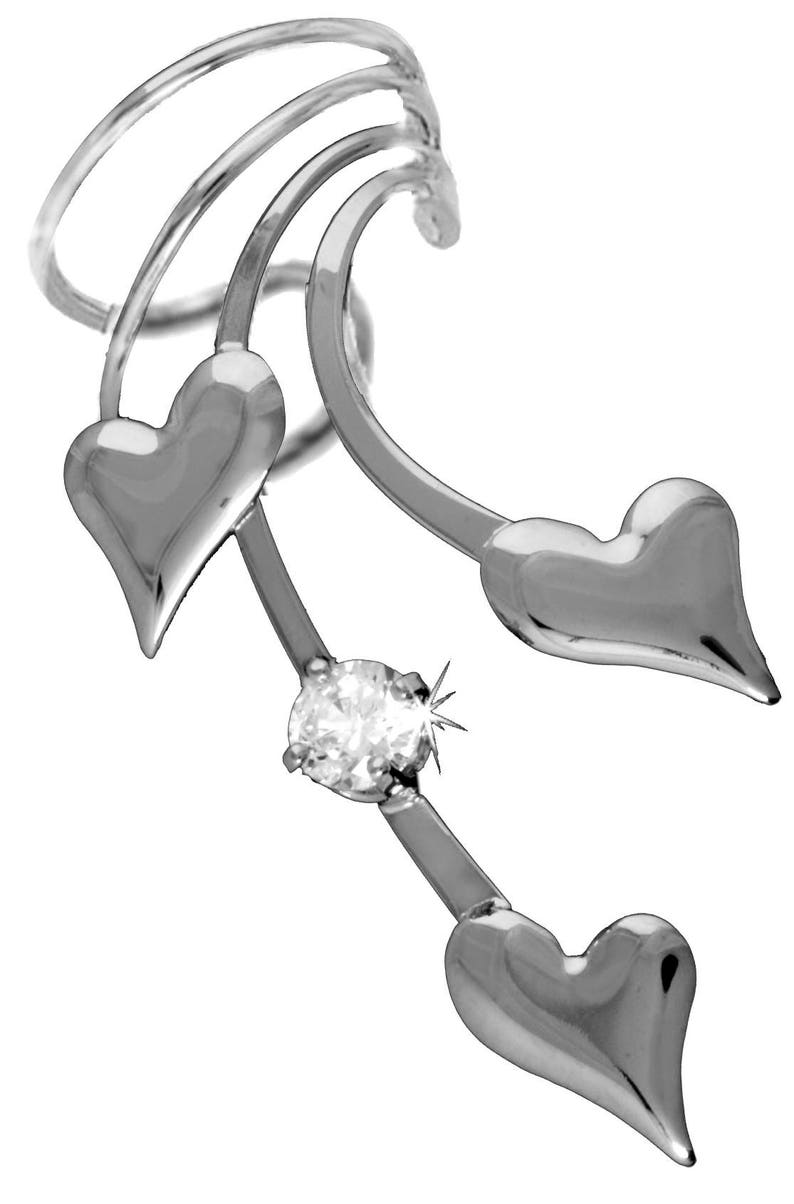 Ear Cuff 3 Puffed Hearts /& CZ Non-pierced Long Wave Earring Wraps in Gold or Rhodium Over Sterling Silver