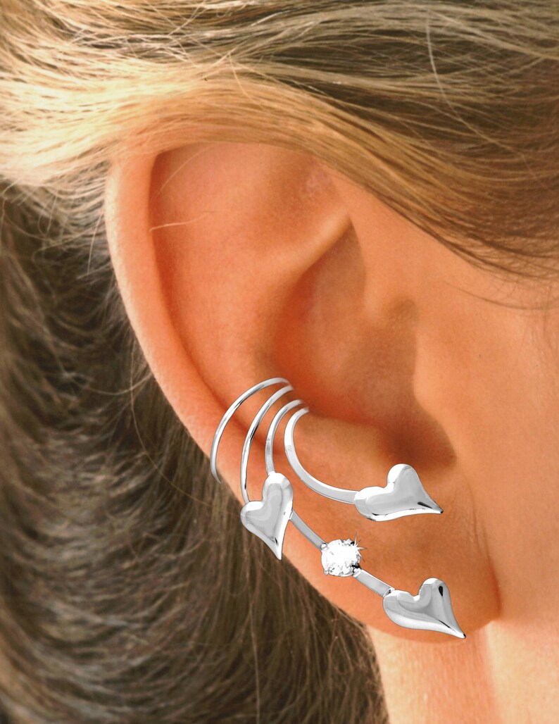 Ear Cuff 3 Puffed Hearts /& CZ Non-pierced Long Wave Earring Wraps in Gold or Rhodium Over Sterling Silver