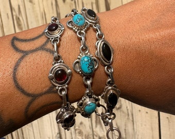 Vintage dead stock gemstone sterling silver link bracelets