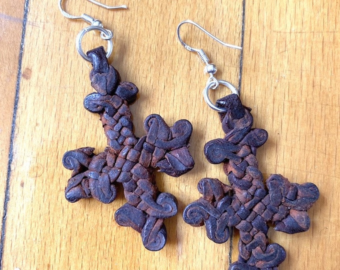 Coptic Cross Leather Earrings – Upcycled Hide