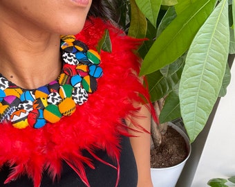 Handmade Ankara print buttons: ribbon tie feathers statement bib necklace