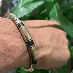Handmade Men&#39;s Ebony Wood Inlay Cuff Bracelet – Brass & Silver with Gold Dust Accents, Artisan-Made in Ghana