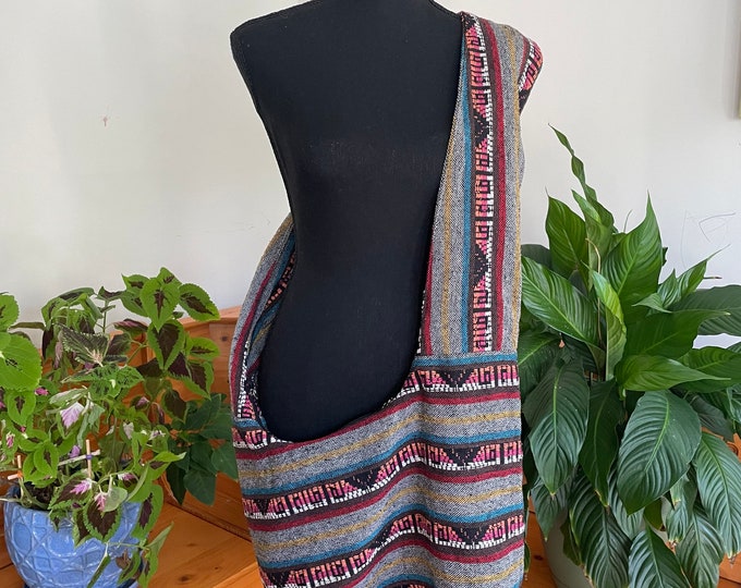 Boho Crossbody Bag with Ethnic Fabric and Cotton Canvas