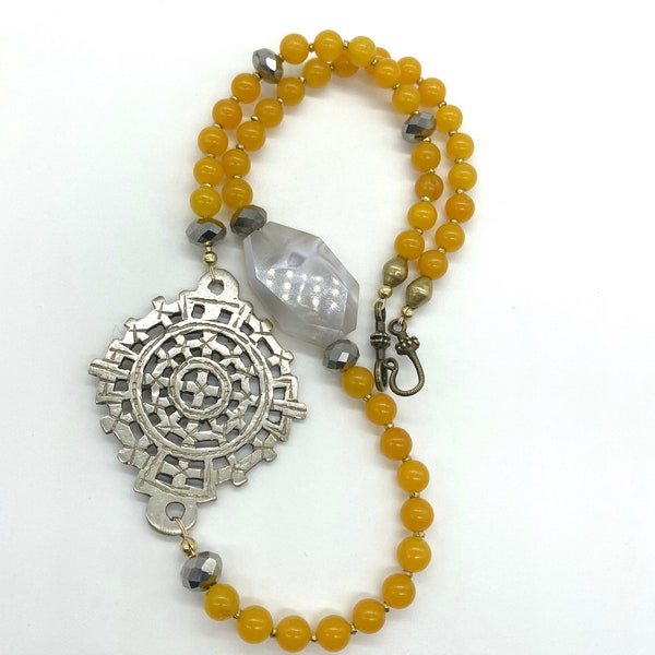 Yellow agate and round Lalibela cross necklace