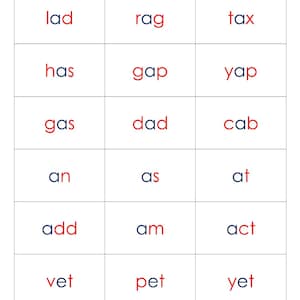 Peut inclure: Une grille de 9 cases avec des mots écrits en lettres rouges. Les mots sont : lad, rag, tax, has, gap, yap, gas, dad, cab, an, as, at, add, am, act, vet, pet, yet.
