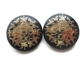 Daisy Flower Earrings 18K Gold Leafing on Black Lucite Hand Painted Vintage Made in France (AB 257)