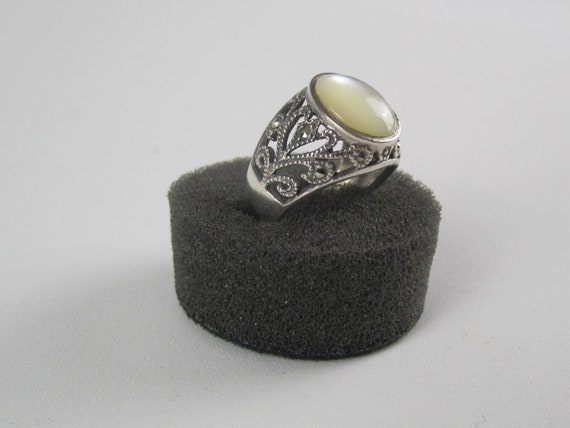Mother of Pearl Ring Sterling Silver Marcasite Ba… - image 2