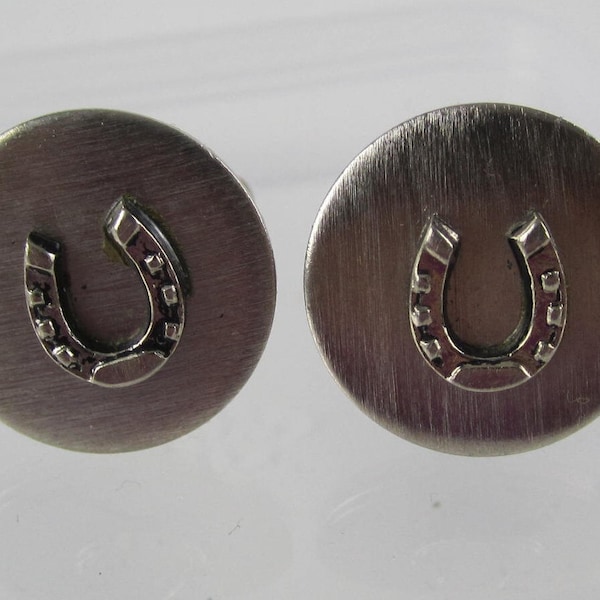 Horse Shoe Cuff Links Satin Silver Tone Finish Lucky Vintage (CL46)