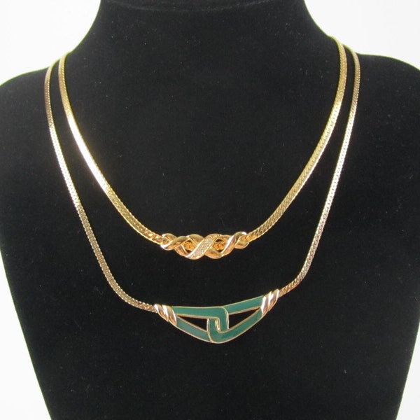 Vendome Green Enamel Pendant Necklace Plus 1 Gold Crystal Pendant Necklace Unsigned. Both Herringbone Chains Vintage 1 Signed Vendome (#N37)