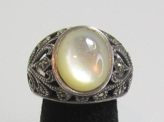 Mother of Pearl Ring Sterling Silver Marcasite Ba… - image 10