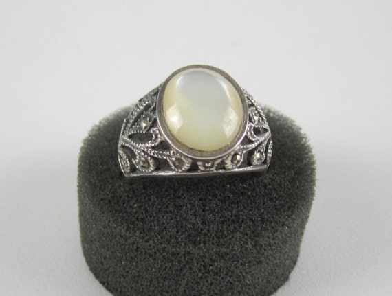 Mother of Pearl Ring Sterling Silver Marcasite Ba… - image 1