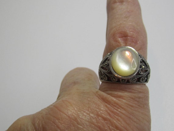 Mother of Pearl Ring Sterling Silver Marcasite Ba… - image 6