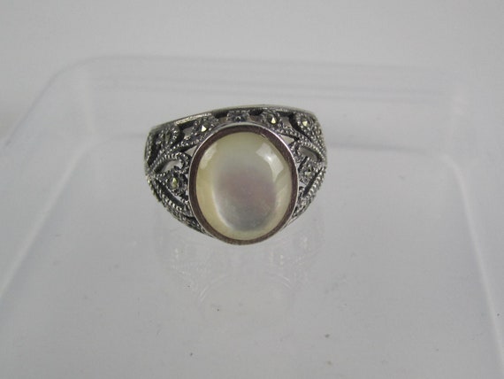 Mother of Pearl Ring Sterling Silver Marcasite Ba… - image 5