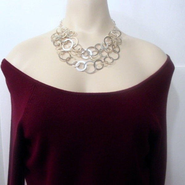 Sterling silver circles necklace, Signed 925 layered bib necklace vintage jewellery silver jewelry