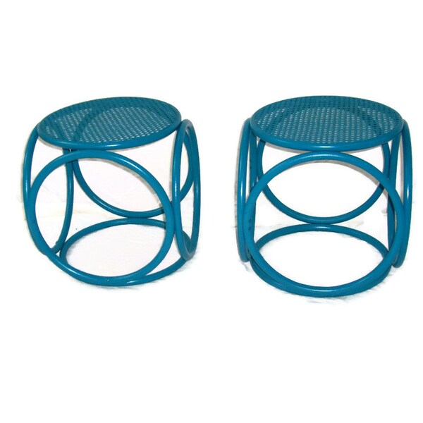 Peacock Blue Circle Stools, Pair