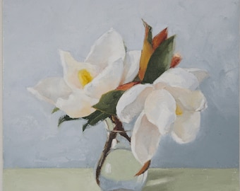 Original still life floral painting, Summer Magnolias in a vase