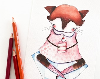 Last one! Pink Picnic Fox - 5 x 7 inches, cute fox art, watercolor illustration