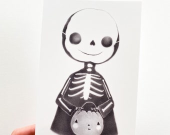 Trick or Treat Ghoul, 4 x 6 inch mini postcard print, Halloween skeleton kid