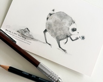Jimothy Raccoon - postcard drawing, graphite drawing