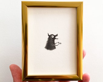 Original - Black Dog - mini framed drawing, pencil on paper