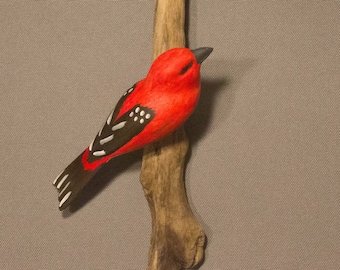 Pine Grosbeak - right facing. Handcrafted, carved  wooden bird, painted bird, home decor, wall decor, Made in USA