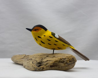 Cape May Warbler - sitting. Handcrafted, carved  wooden bird, painted bird, home decor, table  decor, Made in USA