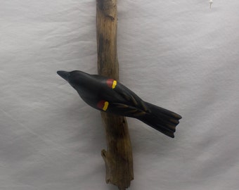 Red Winged Blackbird - left facing. Handcrafted, carved  wooden bird, painted bird, home decor, wall decor, Made in USA