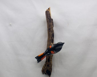 Redstart - right facing. Handcrafted, carved wooden bird, painted bird, home decor, wall decor, Made in USA