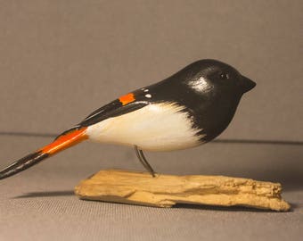 Redstart - sitting. Handcrafted, carved  wooden bird, painted bird, home decor, table  decor, Made in USA
