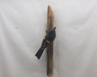 Red Winged Blackbird - right facing. Handcrafted, carved  wooden bird, painted bird, home decor, wall decor, Made in USA