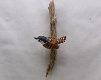 Marsh Wren - left facing. Handcrafted, carved  wooden bird, painted bird, home decor, wall decor, Made in USA