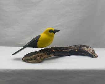 Yellow Headed Blackbird - sitting. Handcrafted, carved  wooden bird, painted bird, home decor, table  decor, Made in USA