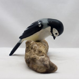 Nodding Chickadee sitting. Handcrafted, carved wooden bird, painted bird, home decor, table decor, Made in USA image 5